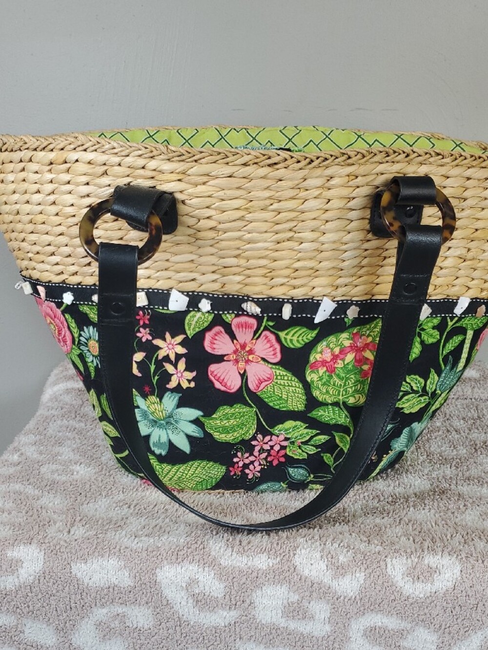 Vera Bradley Straw Tote with Black Floral Print and Black Handles